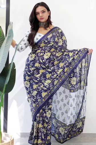 Ajrakh fancy hand block mulmul cotton sarees