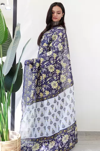 Ajrakh fancy hand block mulmul cotton sarees