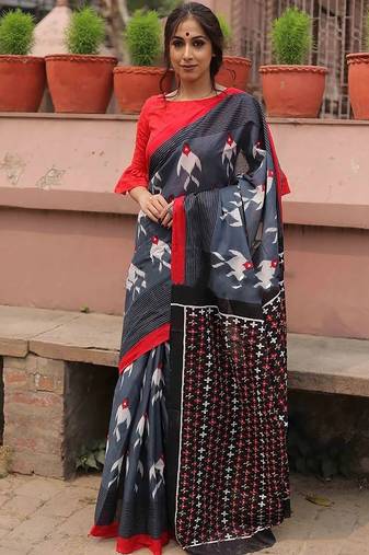 pure cotton fancy ikkat print sarees with blouse