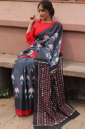 pure cotton fancy ikkat print sarees with blouse