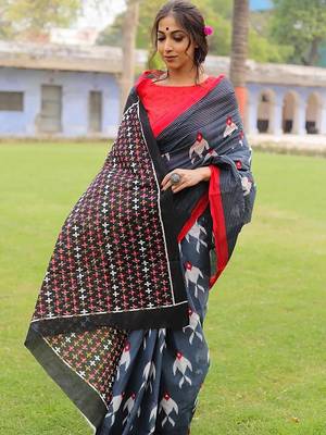 pure cotton fancy ikkat print sarees with blouse 4