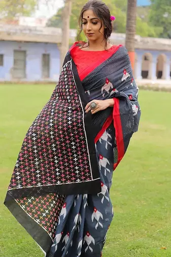 pure cotton fancy ikkat print sarees with blouse