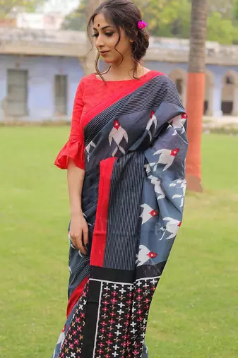 pure cotton fancy ikkat print sarees with blouse