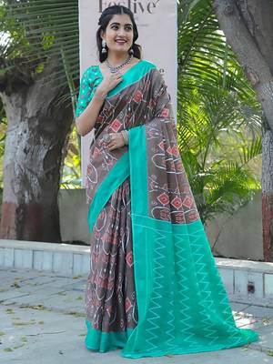 Pure cotton fancy ikkat print sarees with blouse pice* 3