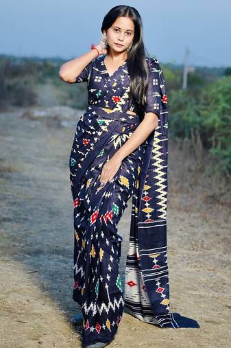 Pure cotton fancy ikkat print sarees with blouse pice*