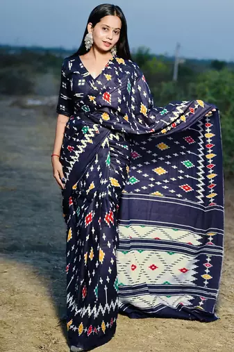 Pure cotton fancy ikkat print sarees with blouse pice*