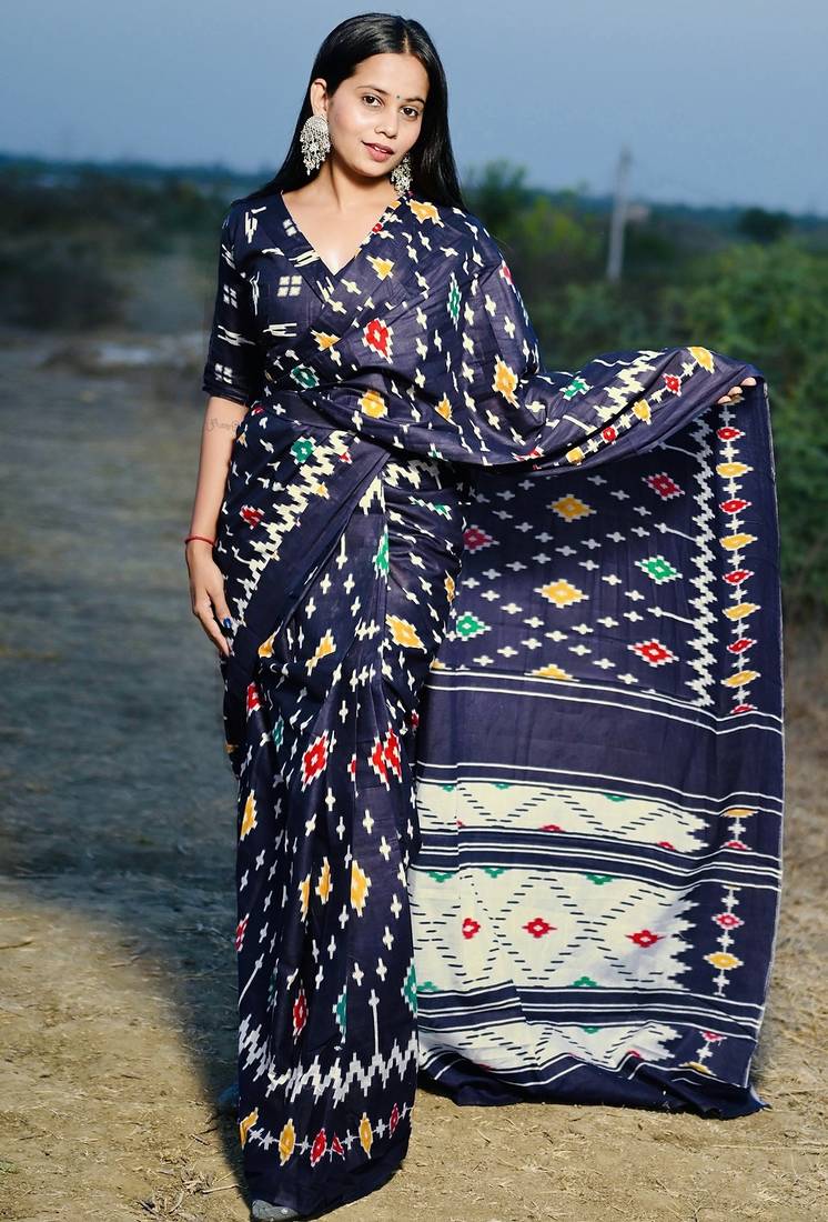Pure cotton fancy ikkat print sarees with blouse pice*