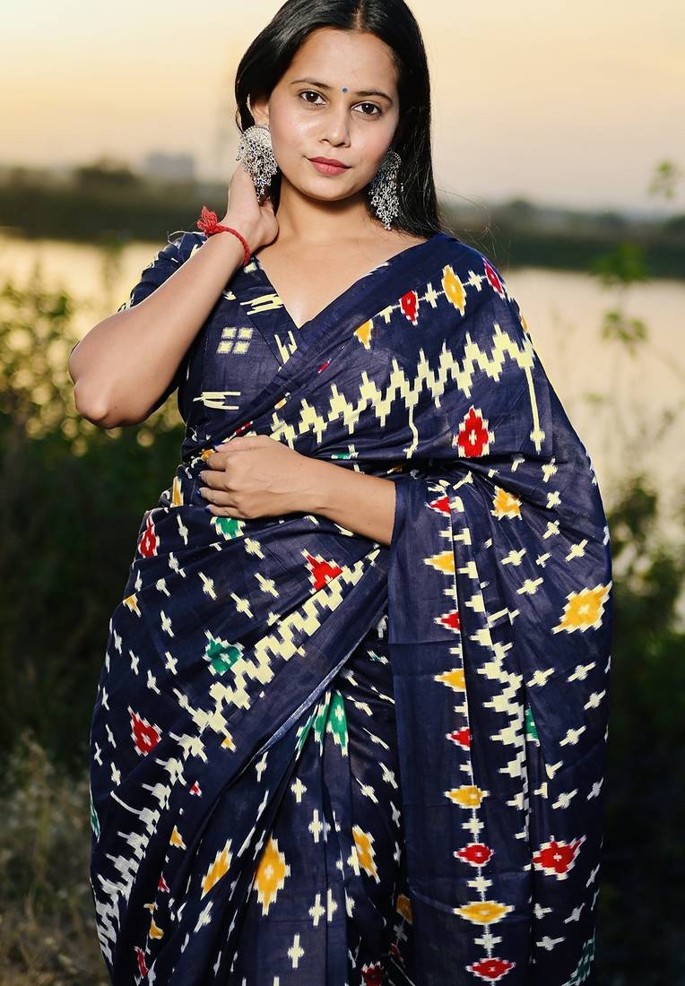 Pure cotton fancy ikkat print sarees with blouse pice*