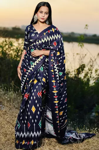 Pure cotton fancy ikkat print sarees with blouse pice*
