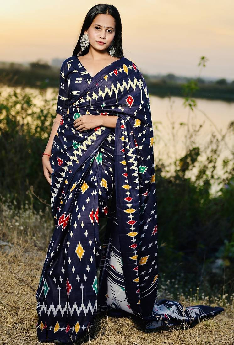 Pure cotton fancy ikkat print sarees with blouse pice*