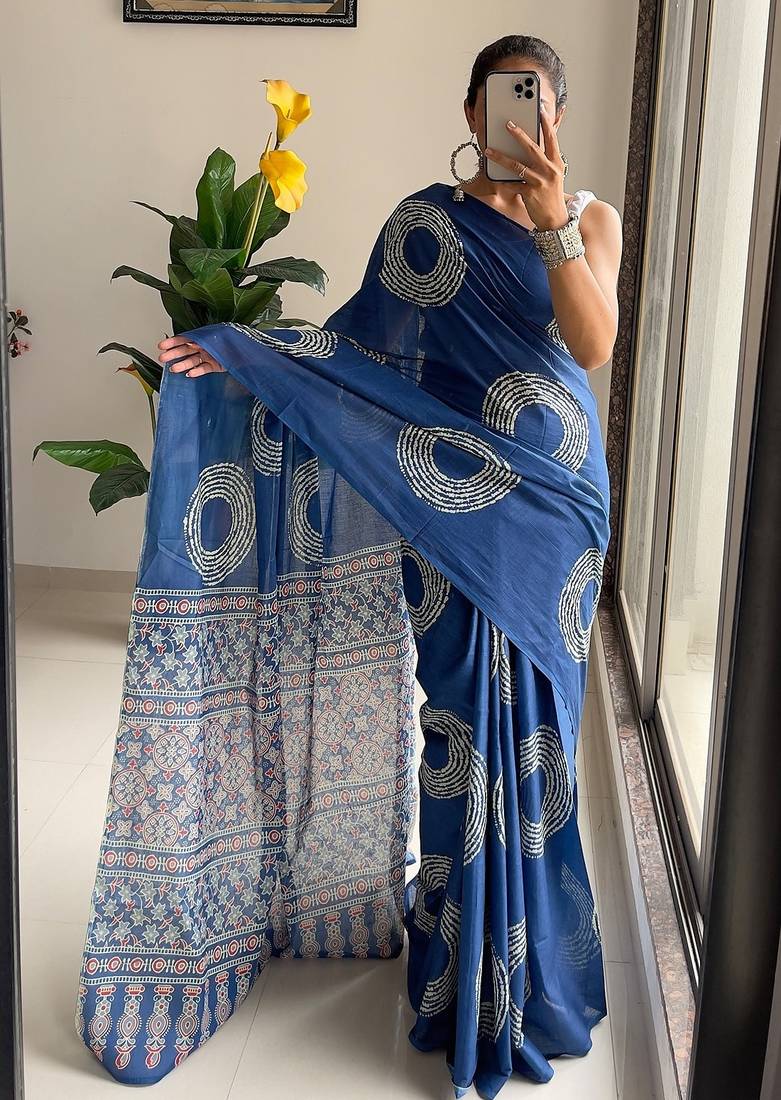 Traditional ajrakh bandhej handblock print sarees