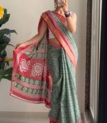 Beutiful bagru bandhani printed sarees with hevy zari bordar