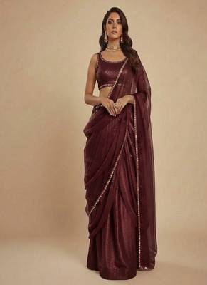 Dark Maroon Party wear Lehenga Saree 1
