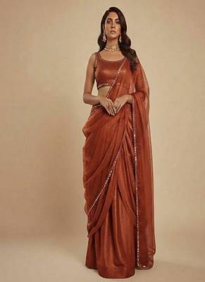 Dark Orange Party wear Lehenga Saree 1