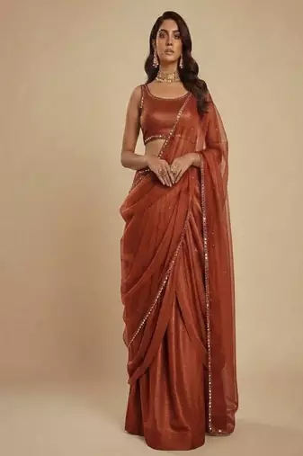 Dark Orange Party wear Lehenga Saree