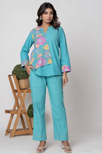 Aqua half and half cotton floral coord set