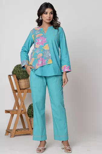 Aqua half and half cotton floral coord set