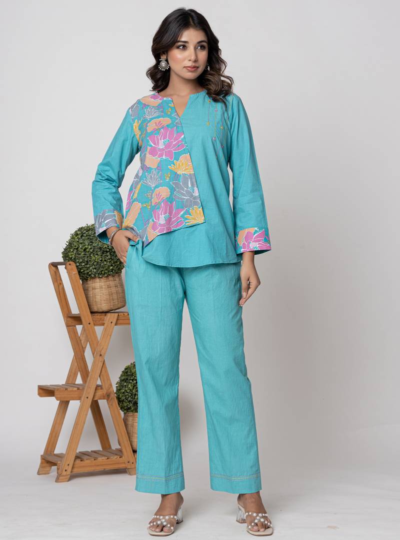 Aqua half and half cotton floral coord set