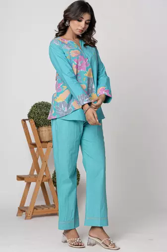 Aqua half and half cotton floral coord set