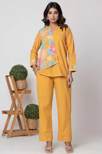 Mustard half and half cotton floral coord set