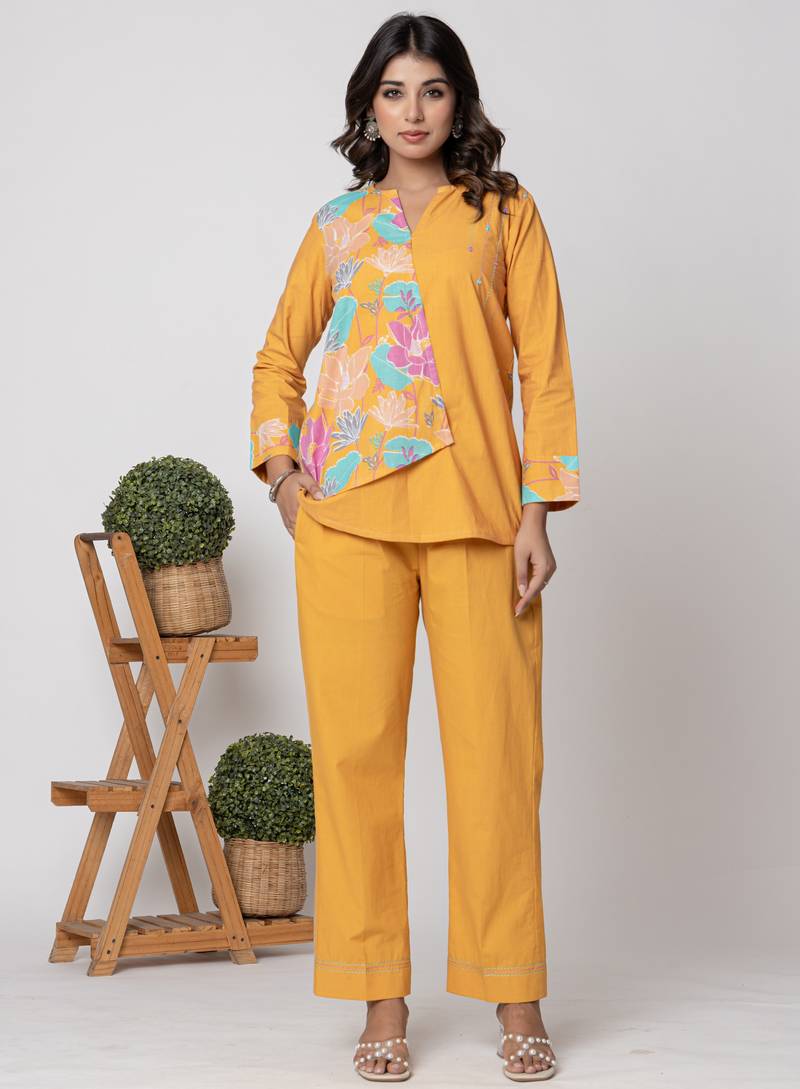 Mustard half and half cotton floral coord set