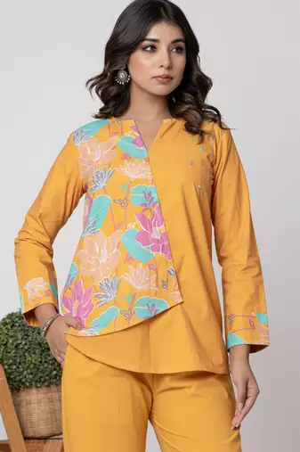 Mustard half and half cotton floral coord set