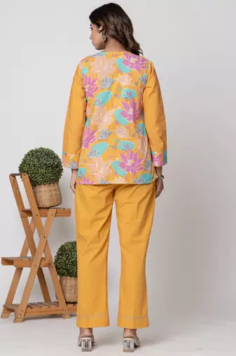 Mustard half and half cotton floral coord set
