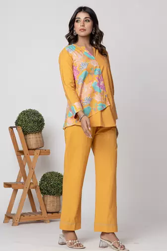 Mustard half and half cotton floral coord set