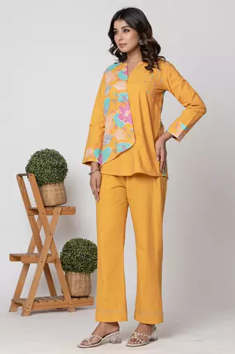 Mustard half and half cotton floral coord set