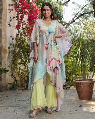 Multicolor asymmetrical top with flared pants 1
