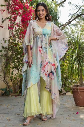 Multicolor asymmetrical top with flared pants