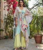 Multicolor asymmetrical top with flared pants