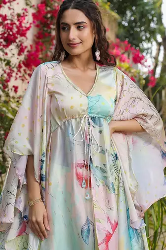 Multicolor asymmetrical top with flared pants