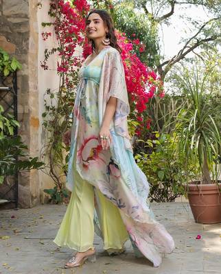 Multicolor asymmetrical top with flared pants 3