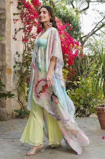 Multicolor asymmetrical top with flared pants