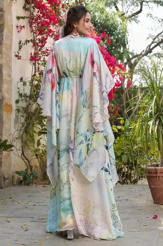 Multicolor asymmetrical top with flared pants