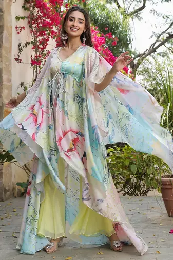 Multicolor asymmetrical top with flared pants