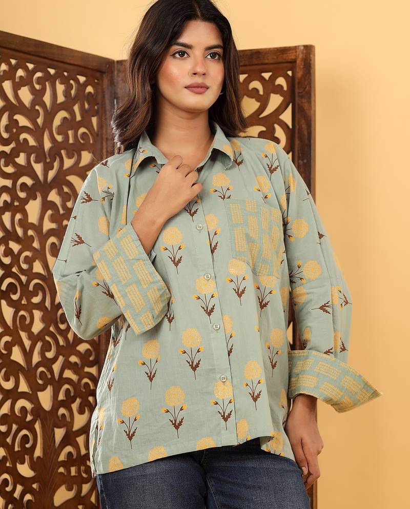 Olive cotton printed shirt