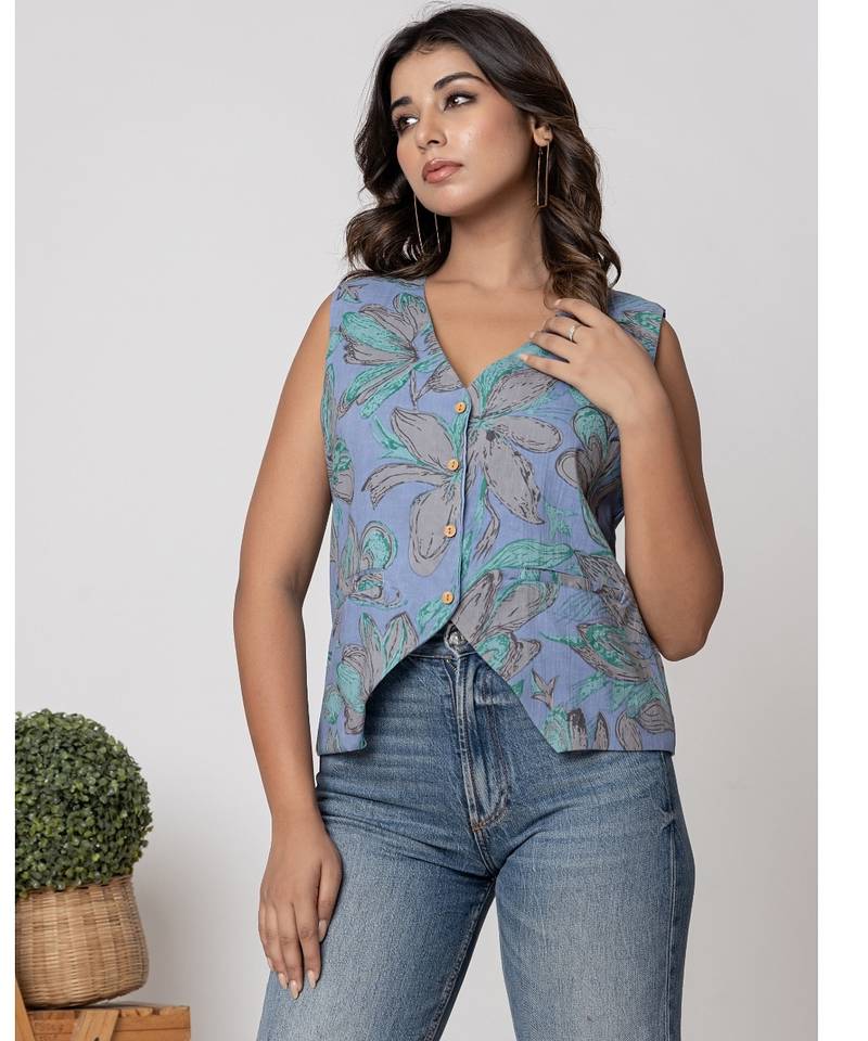 White & blue floral full sleeves cotton printed shirt