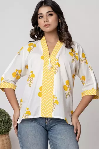 White & yellow summer printed cotton top
