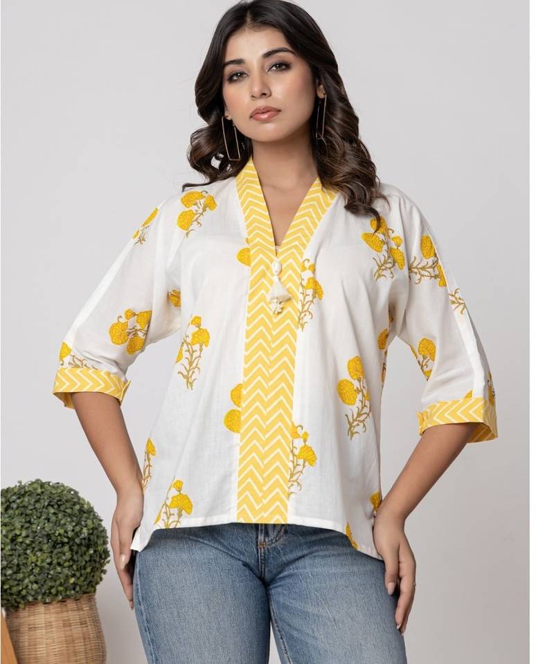 White & yellow summer printed cotton top