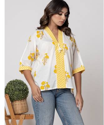 White & yellow summer printed cotton top 2