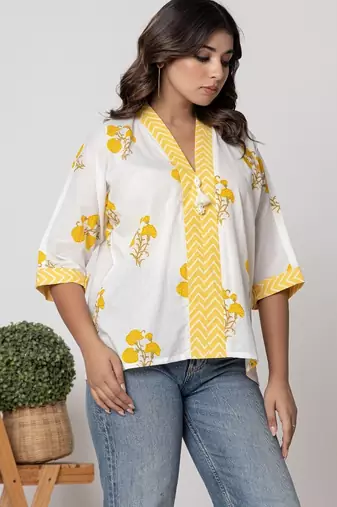 White & yellow summer printed cotton top