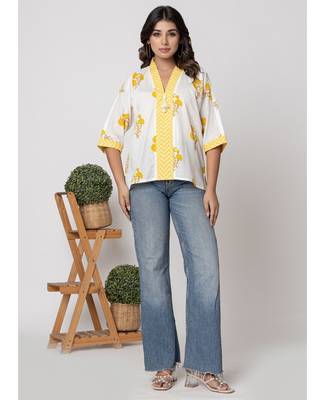 White & yellow summer printed cotton top 5