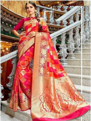 Pink orange zari woven silk blend saree 1