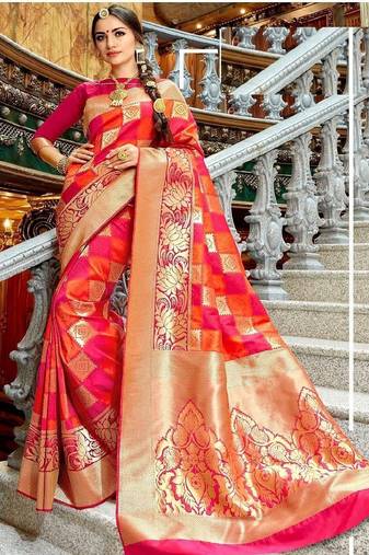 Pink orange zari woven silk blend saree