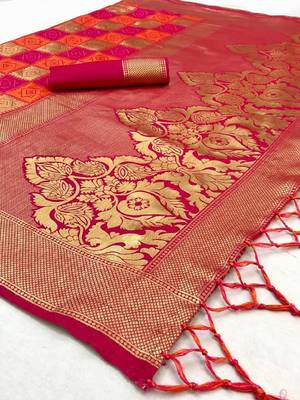 Pink orange zari woven silk blend saree 3