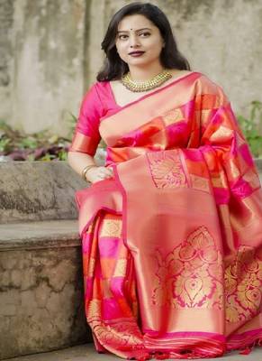 Pink orange zari woven silk blend saree 4