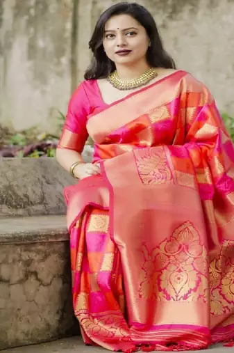 Pink orange zari woven silk blend saree