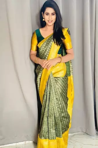 Green yellow printed traditional silk blend saree